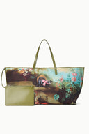 Large tote bag with illustrated jungle scene, olive handles and long strap