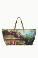 Large tote bag front view, colorful animal and garden illustration with olive straps
