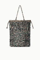 Leopard-print tote bag with drawstring top and two fabric handles