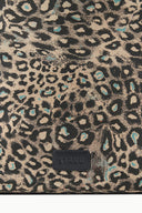 Leopard-print tote bag with STAUD logo patch on front pocket