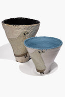 Ceramic sheep vase cone with black rim, speckled beige body, sheep motif