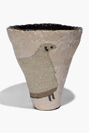 Ceramic sheep vase cone with black rim and speckled beige finish, sheep design