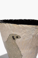 Ceramic sheep vase cone angled view with black interior rim and speckled beige exterior