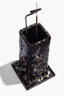 Ceramic tower incense holder with open tray, dark speckled confetti glaze