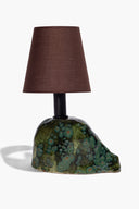Mini table lamp with dark brown fabric shade and green-blue sea turtle ceramic base