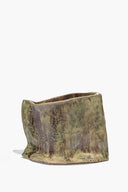 Ceramic vase, olive and dark brown speckled glaze with wide square opening