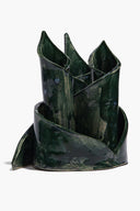 Ceramic triple candlestick holder with three pointed candle cups, forest-green glaze finish