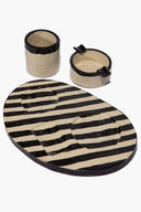 Striped glaze tray holder set with two cup holders and striped round base, black-and-cream