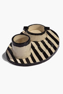 Striped glaze tray holder set: round tray with two cups, black-and-cream stripes