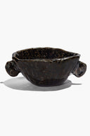Small Henry bowl in dark steel glaze with sculpted handles, blue highlights