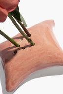 Pink glazed ceramic ikebana holder with stems inserted and round holes