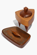Wood vintage trinket box with hinged lid and heart-shaped base compartment.
