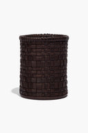 Espresso woven leather candle holder with tight square weave, cylindrical shape