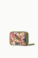 Beaded fruit zip wallet with multicolor beaded pattern on dark green, zipper pull