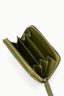 Zip wallet interior with dark green lining, three card slots and zipper pocket