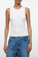 White ribbed sleeveless tank top with round neckline