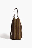 Beaded wine bottle bag with vertical multicolor stripes and two braided top handles