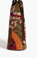 Multicolor beaded wine bottle bag close-up, braided top handles and pattern detail