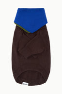 Pet sweater with blue mock neck and dark brown knit body, green trim