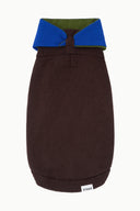 Pet sweater with blue knit collar and dark brown body, green accent trim