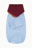 Light blue knit dog sweater with burgundy cowl neck and ribbed cuffs