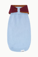 Light blue knit dog sweater with burgundy folded collar and ribbed hem