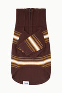 Pet sweater with striped knit panels, ribbed cuffs, and diagonal crossover front