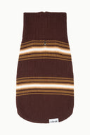 Pet sweater with ribbed turtleneck, brown striped knit body and front zipper