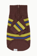 Brown knit pet sweater with full zipper and multicolor striped chest and sleeves.