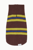 Brown knit pet sweater with ribbed collar, horizontal multicolor stripes, zip closure.