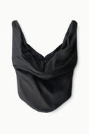 Black silk cowl-neck top with gathered center detail