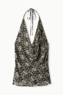 Speckled halter top with drawstring tie at neckline, sleeveless