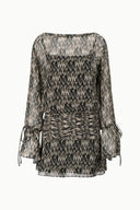 Speckled mini dress with long sleeves, ruched waist, tied cuff details.