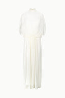 Ivory mock-neck maxi dress, sheer three-quarter sleeves, elastic waist, full length