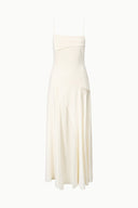 Ivory maxi dress with spaghetti straps and layered drape skirt