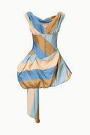 Sleeveless striped silk mini dress, draped skirt, blue and tan, V-neck