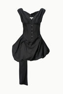 Black silk mini dress flat lay, sleeveless V-neck corset bodice with gathered bubble skirt
