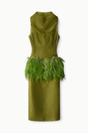 Olive sleeveless midi dress with green feathered trim at the hem