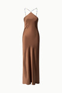 Cadence dress in cigar with spaghetti straps and V-neck slip silhouette