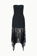 Black strapless fitted dress with lace overlay midi skirt and scalloped hem