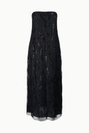 Black strapless maxi dress, full view, with sequin beaded fabric