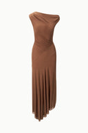 AMARIS dress in draped brown satin, one-shoulder cowl neck and long column skirt
