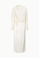 PHOEBE ivory silk midi dress with long sleeves and waist tie