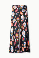 Stroll silk pants with dark base and colorful circular pattern, wide leg