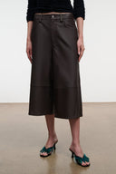 Dark brown leather culottes with belt loops, button closure and front pockets
