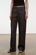 Dark brown leather pants with straight legs, belt loops, button front, side pockets