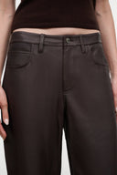 Dark brown leather pants, zip fly with button, belt loops, front pockets