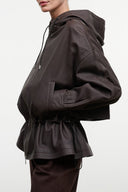 Hooded leather jacket with zip front, gathered hem and side pockets.
