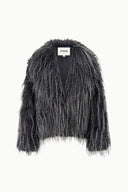 Dark gray shag fur jacket with open front and long sleeves