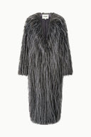 Hanging long fur coat, dark charcoal and gray, straight silhouette